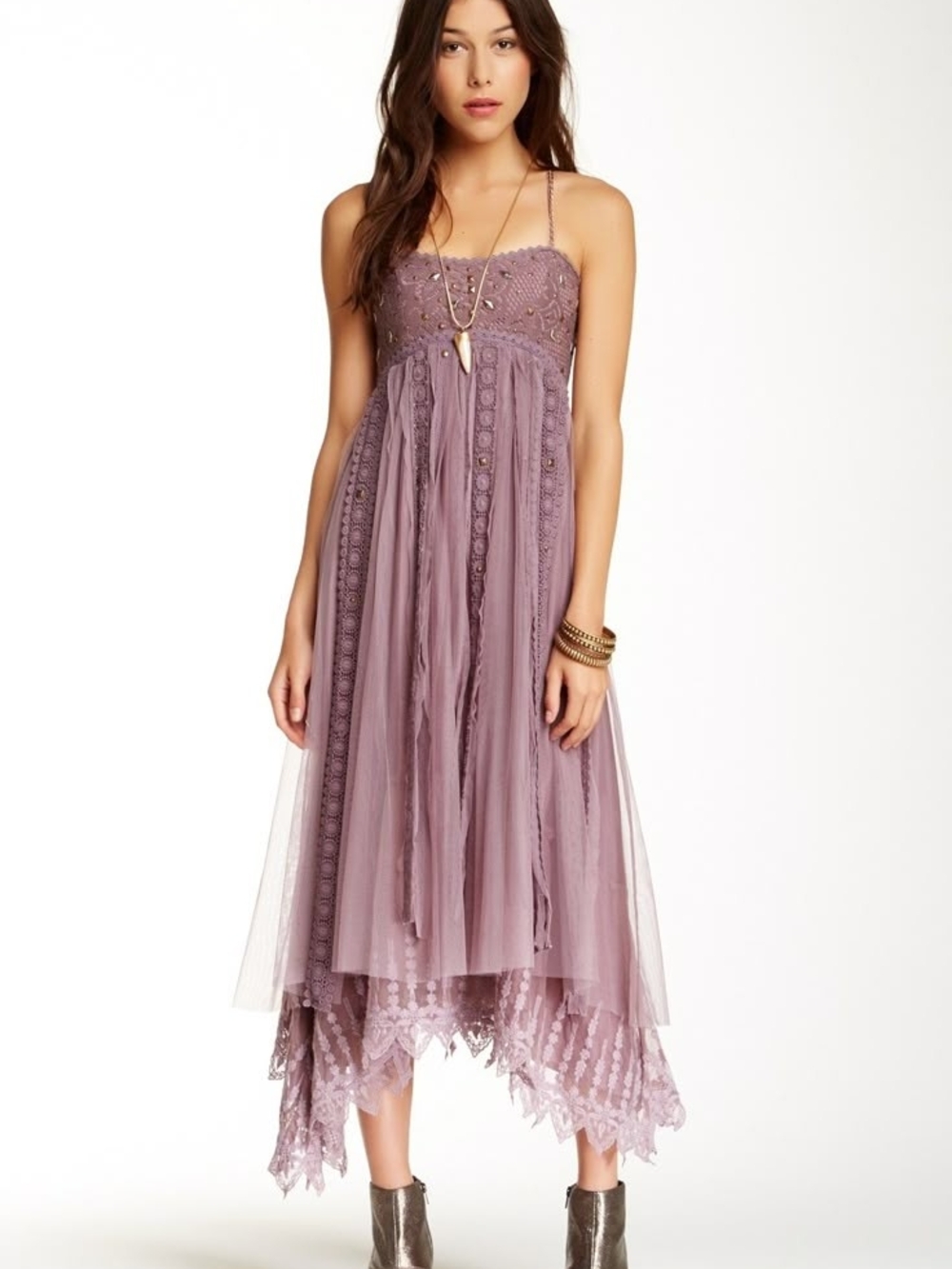 Free People Mauve Beaded High-Low Chiffon Dress